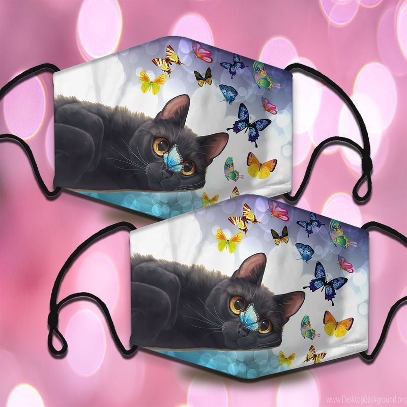 Black Cat Playing With Butterflies Face Covering Kitty Kitten Cat Lovers Cotton Mask 1-10 Pcs For Kid & Adult All Over Print Face Mask Covering For Adults And Kids