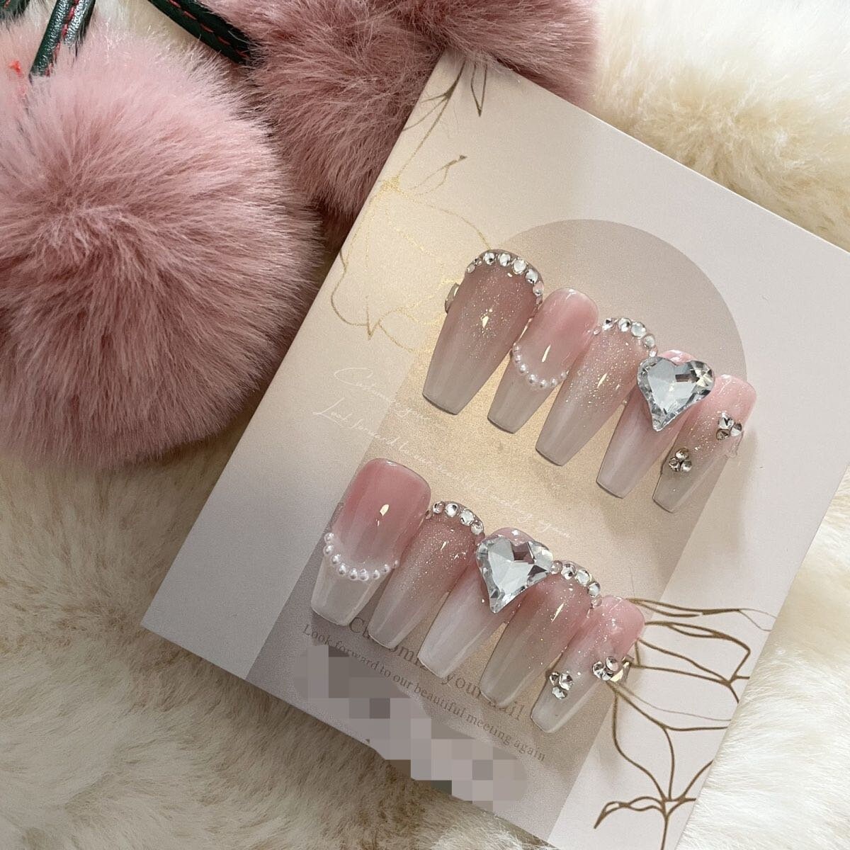 Glitter Pink and Ivory Ombré Press On Nails/ Big rhinestone heart nails/ Pearl Nails/ #341