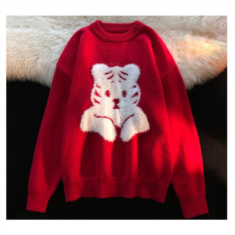 Vintage Little Tiger Embroidery Sweater Women Soft Waxy Thick Pullover For Couples 2022 Spring Autumn Knitted Woman Cloehes Tops alx