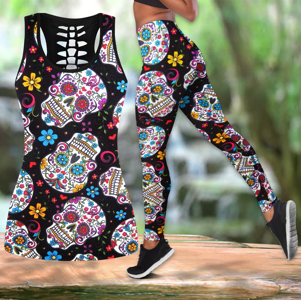 Skull Candy Flower Pattern Tank Top- Legging Set, Skull Lovers,  Skull Tank Top For Women