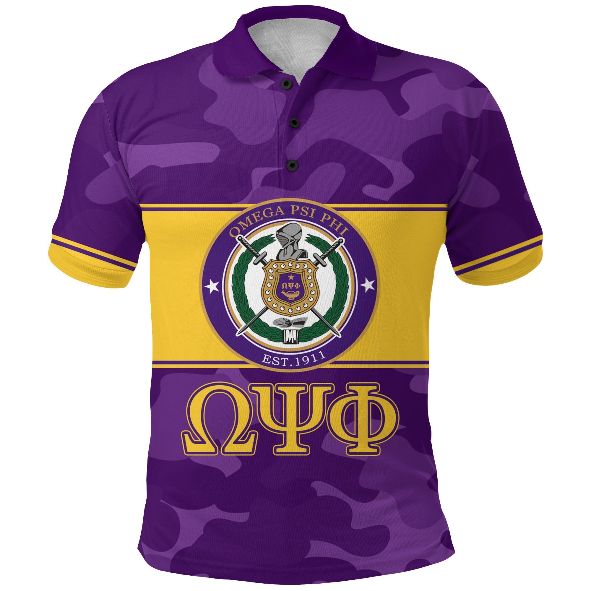 (Custom Personalised) Omega Psi Phi Polo Shirt – Camo Version – Lt12