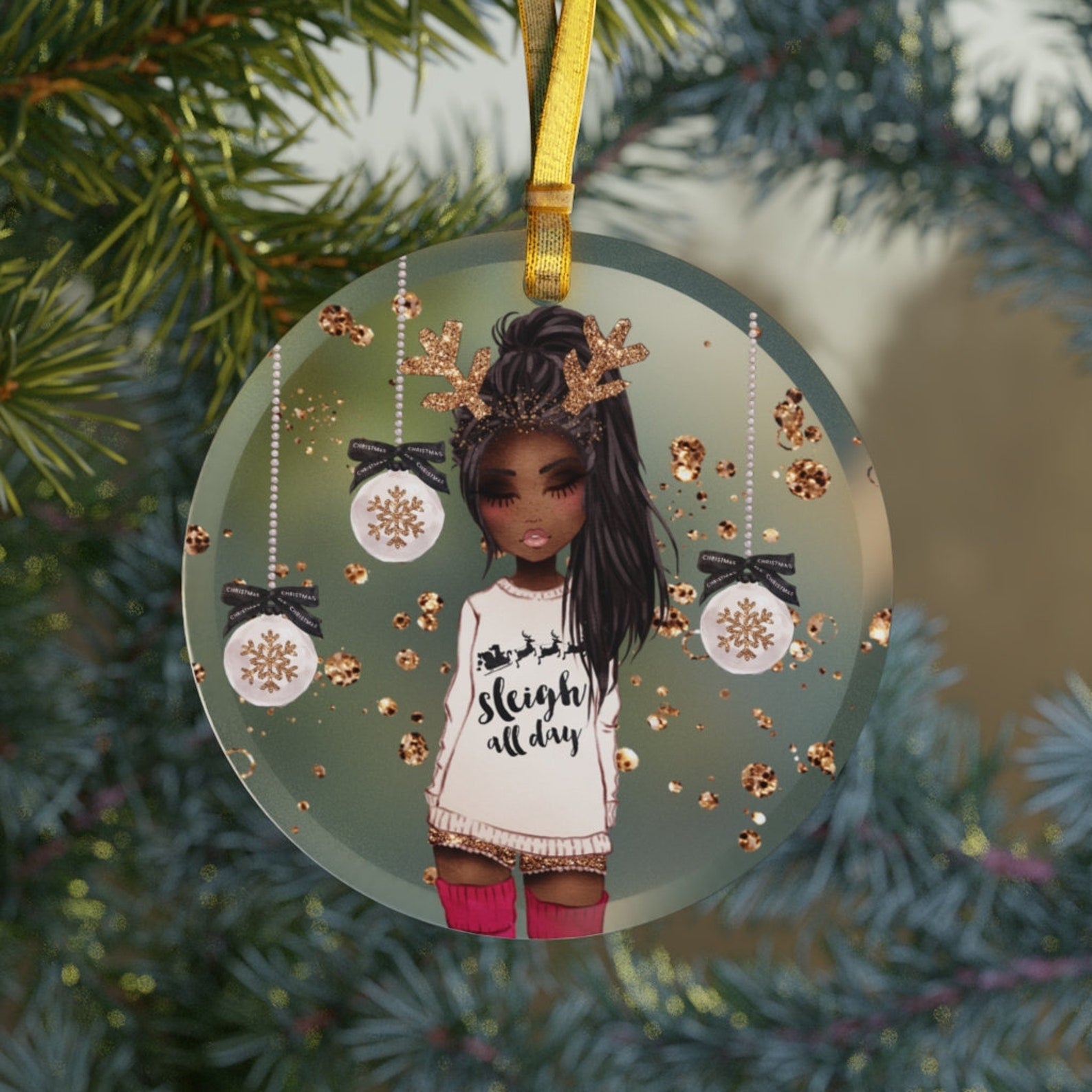 Black Girl Glasssleigh All Dayblack Girl College Dorm Decorationhbcu Sorority Gifts Christmas Ornament