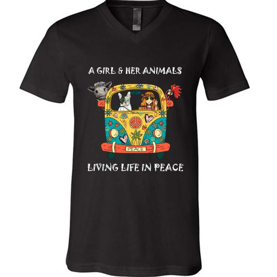 A Girl And Her Animals Living Life In Peace, Hippie Car Heifer Chicken Dog Lover – Canvas Unisex V-Neck Shirt