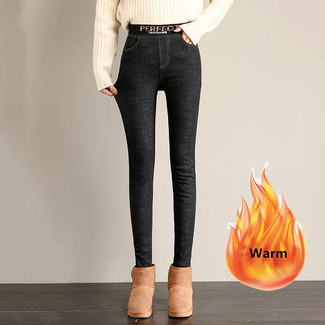 Vintage Skinny Warm Lined Winter Jeans Woman Thick Cotton High Waist Stretch Vaqueros Leggings Mom Basic Snow Wear Denim Pants alx