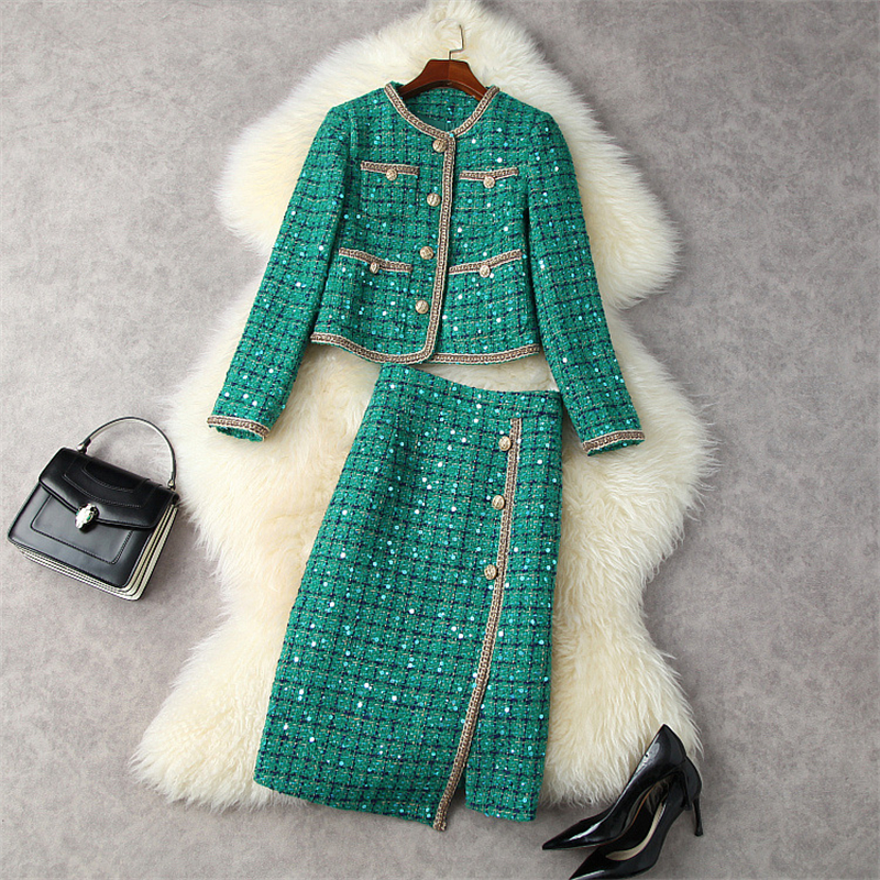 Two-piece Women’s Fashion Runway Winter Tweed Suit 2022 Spring Sequined Plaid Office Wool Coat With Skirt 2-piece Suit alx