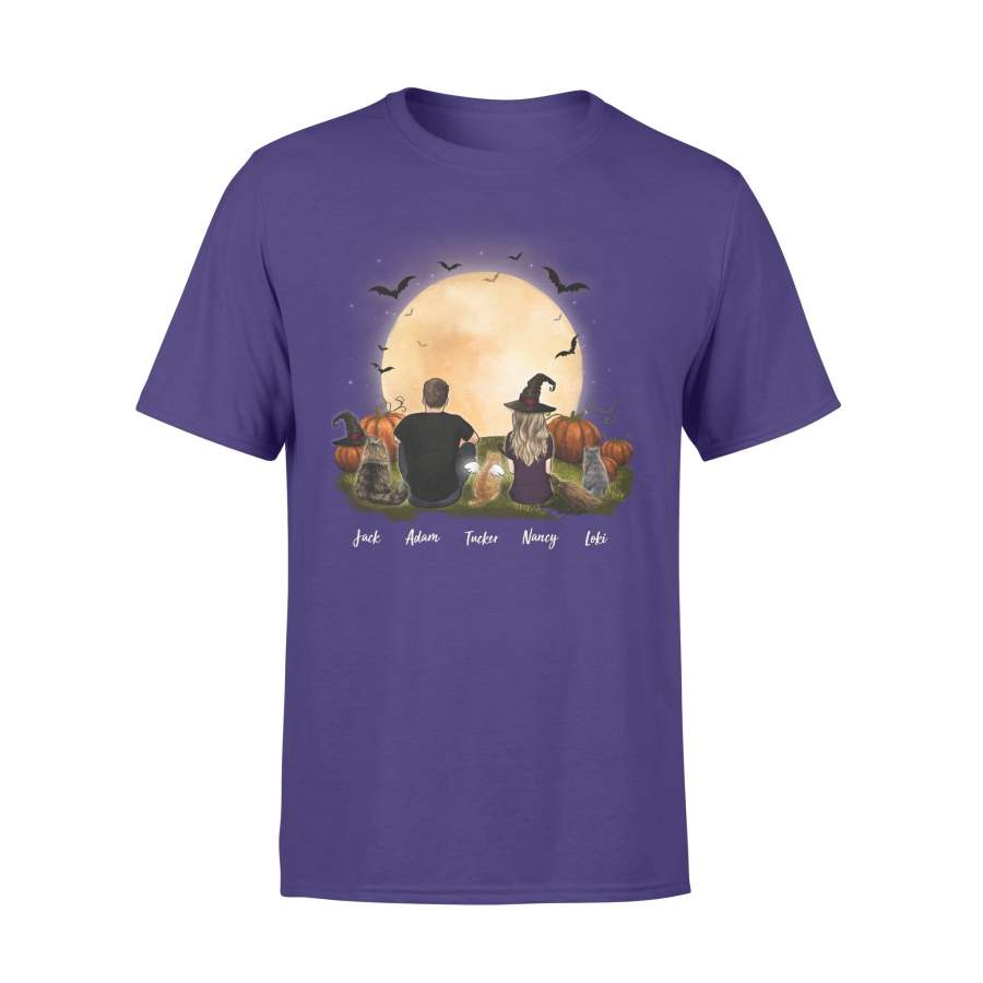 [ FRONT SIDE ] [ ORANGE PURPLE ] Personalized custom cat & couple t-shirt tee Halloween gift for cat mom dad lover owner – 2402