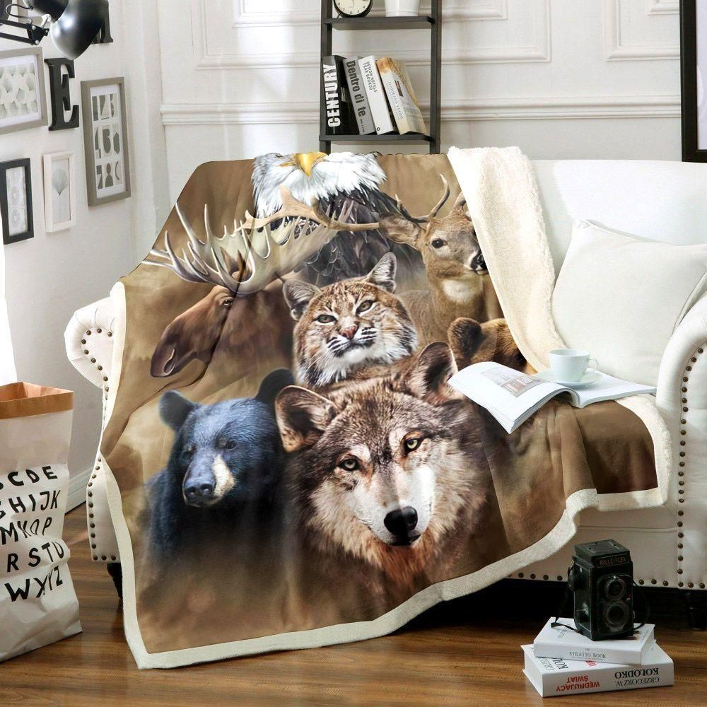 Wild Animals Portrait Printed   Fleece Sherpa Blanket