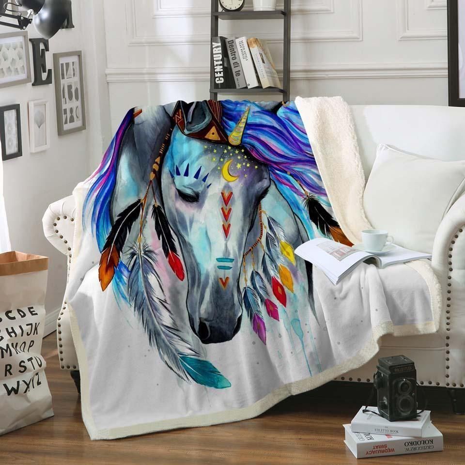 Beautiful Unicorn Blue Hair Pattern Fleece Blanket, Sherpa Blanket, Gift For Parent, Family Member, Friends Gift, Christmas Gift, Home Decor, Home Living