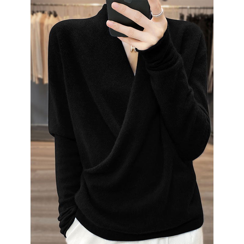 Autumn And Winter New Women’s Big V-Neck Kimono Pure Wool Knitted Pullover Retro Fashion Loose Trendy Korean Version Rolled Top alx