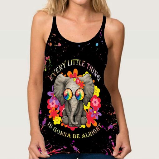 Hippie Elephant Every Little Thing Is Gonna Be Alright Hippie Criss Cross Tank Top For Hippie Soul, Hippie Lovers