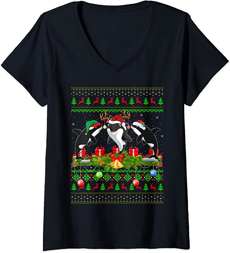 Womens Orca Fish Lover Xmas Lighting Santa Ugly Orca Christmas V-Neck T-Shirt