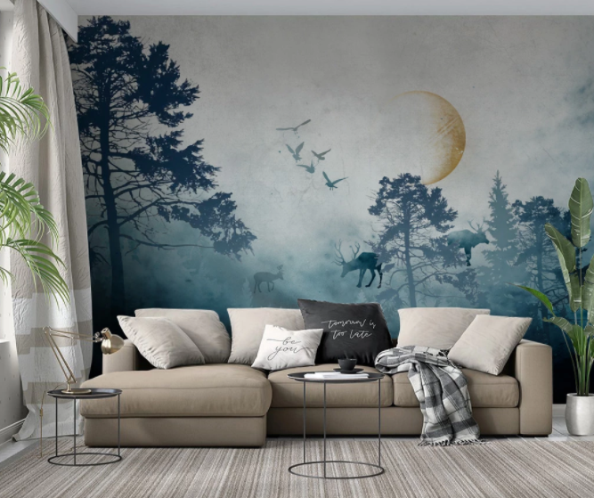 3D Abstract Dark Forest Plant Bird Buck Animal Wall Mural Wallpaper Lxl