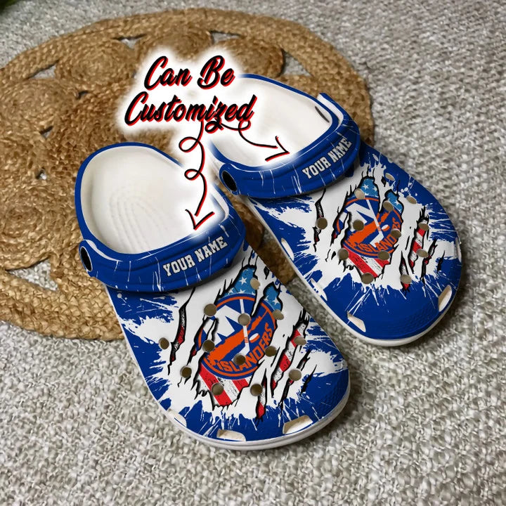 Islanders Crocss – Personalized Ny Islanders Hockey Ripped American Flag Clog Shoes