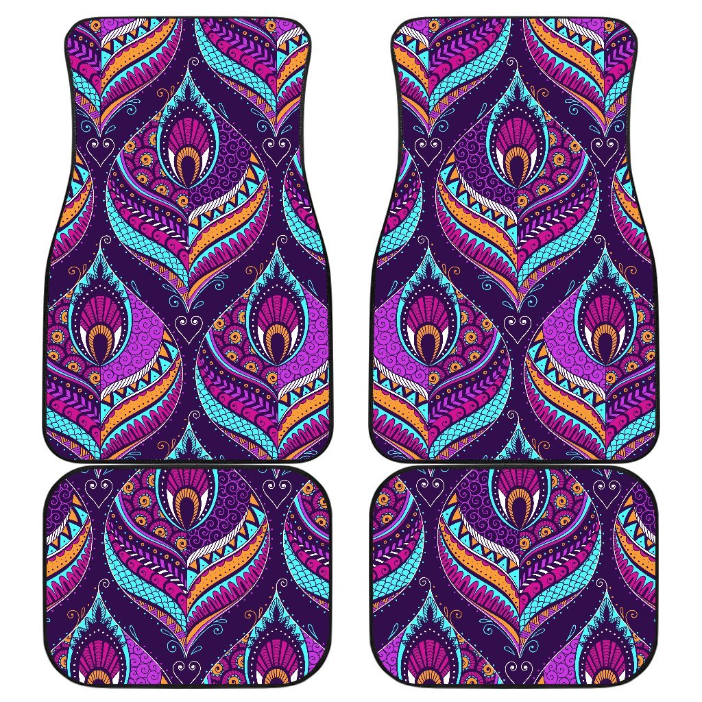 Purple Bohemian Peacock Feather Print Front And Back Car Floor Mats, Front Car Mat