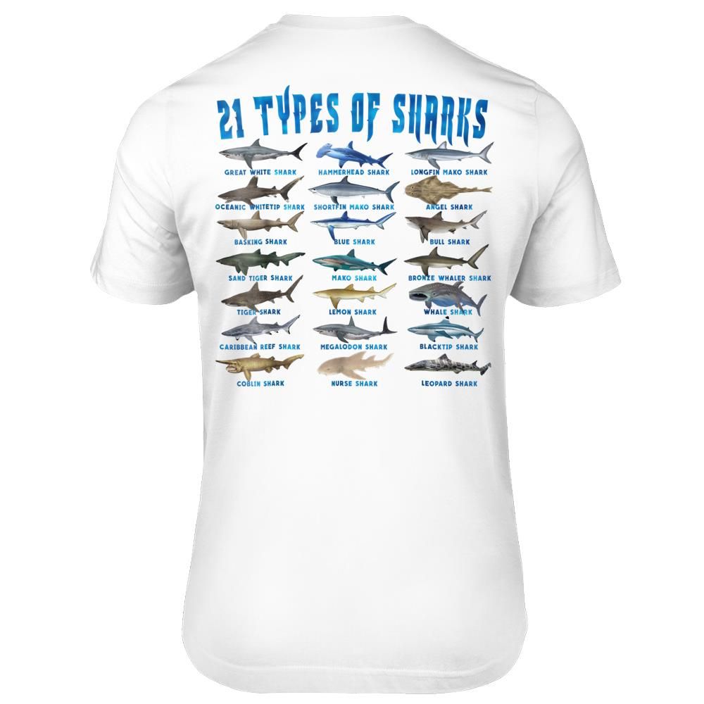 Shark Lovers T-shirt 21 Types Of Sharks Ocean Animal print on back