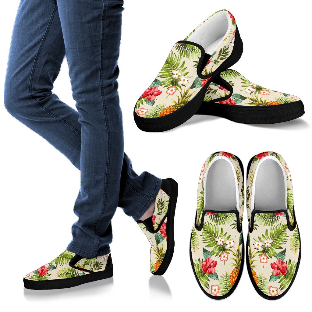 White Aloha Pineapple Pattern Print Men’S Slip On Shoes