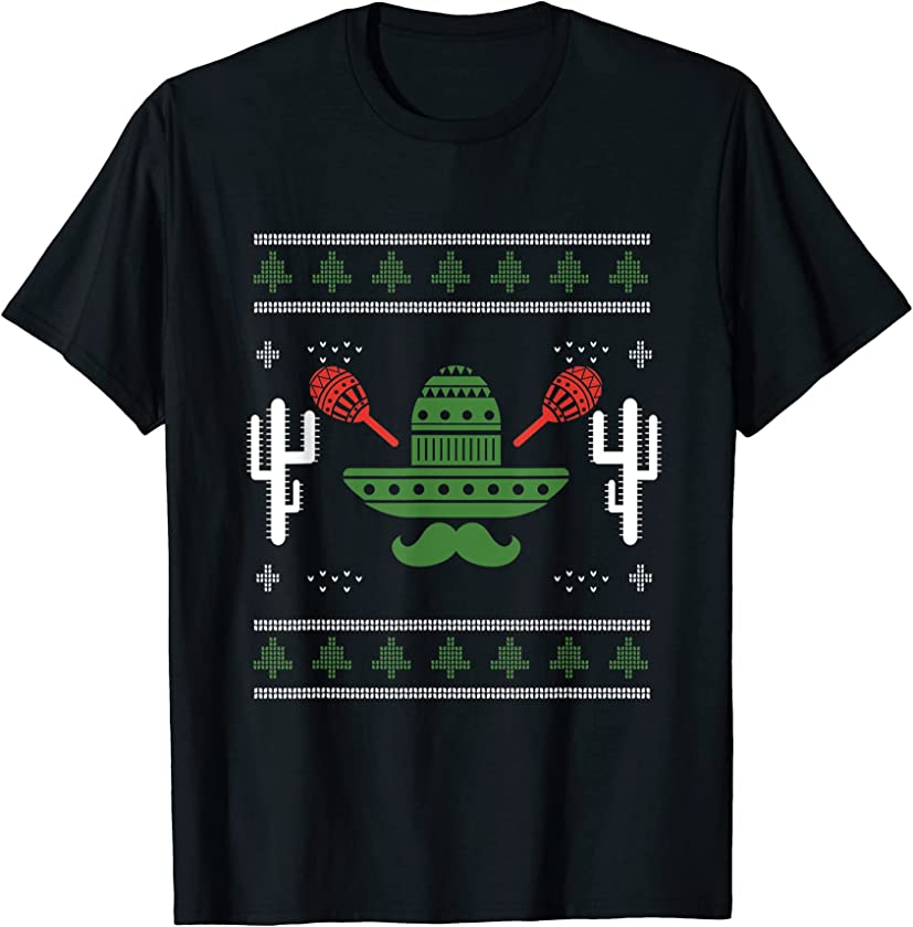 Ugly Christmas Mexican Sombrero Santa Claus New Year Maracas T-Shirt