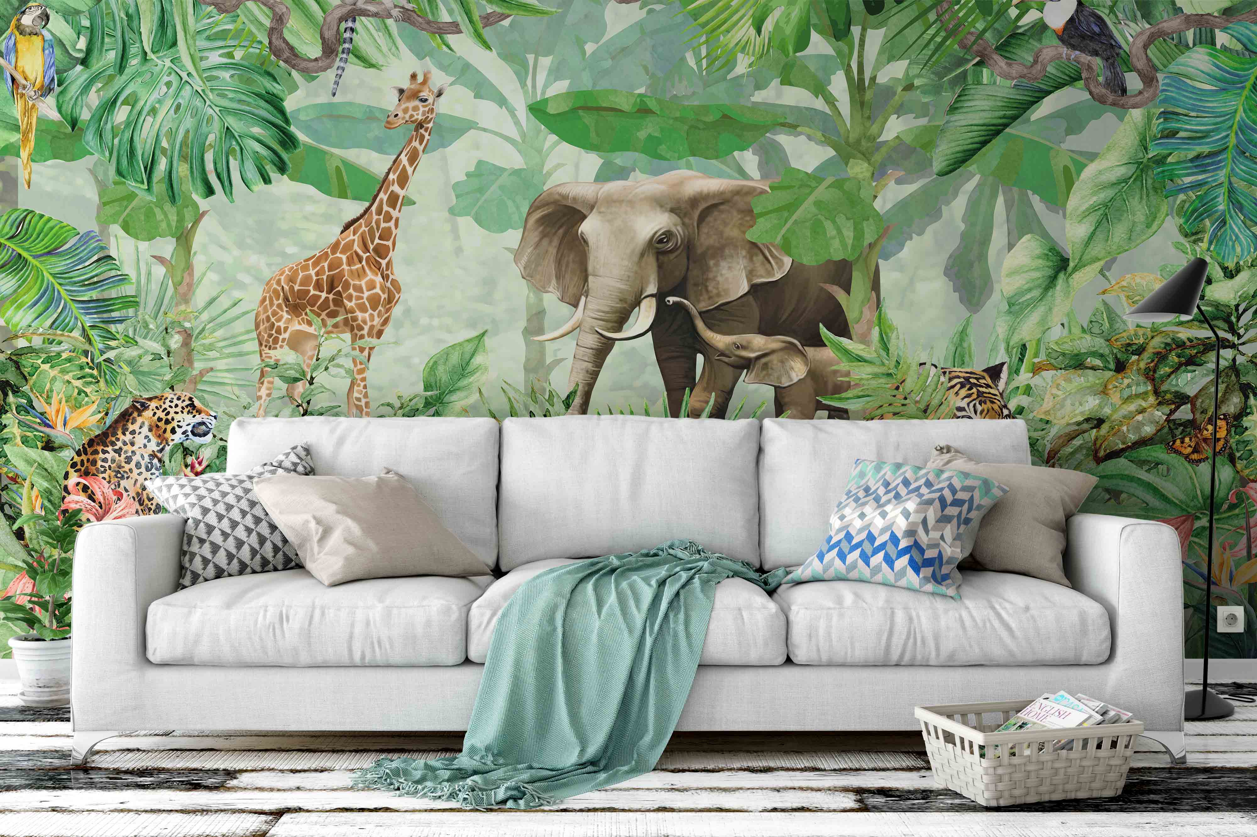 3D Elephant Giraffe Jungle Wall Mural Wallpaper 07