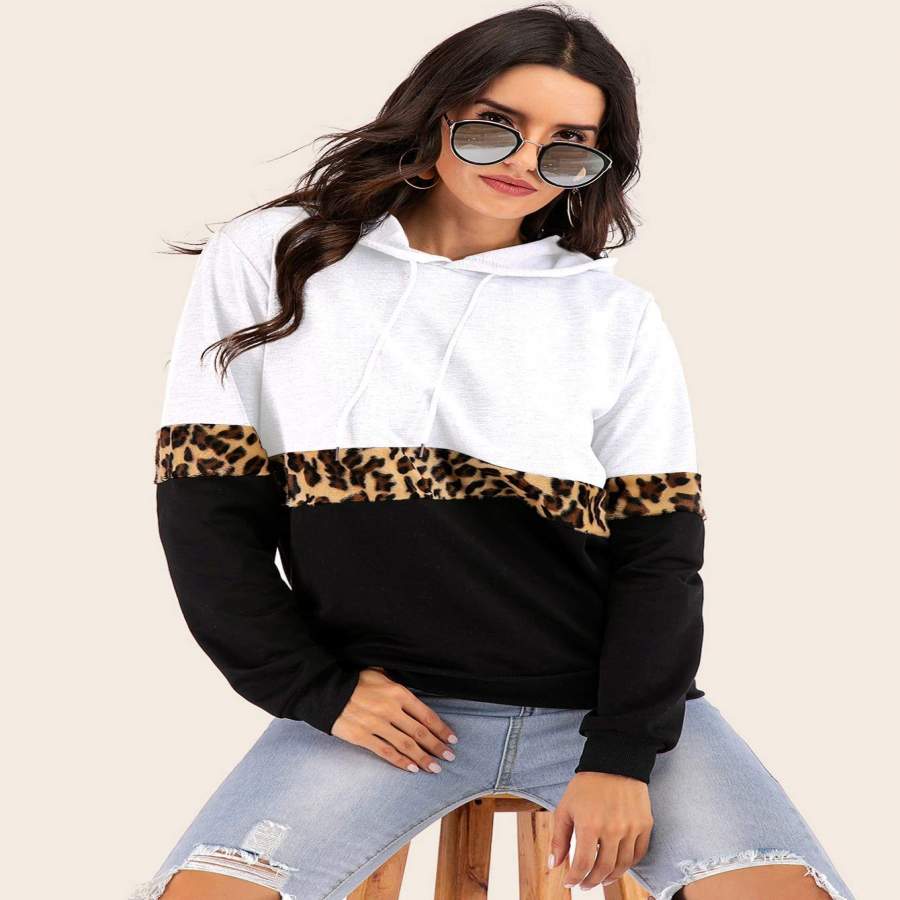 Color-block Leopard Panel Drawstring Hoodie