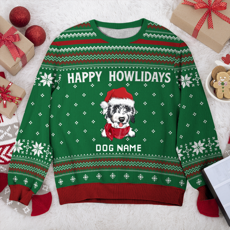 Aussiepoo Happy Howlidays Personalized Sweater, Dog Ugly Christmas Sweater