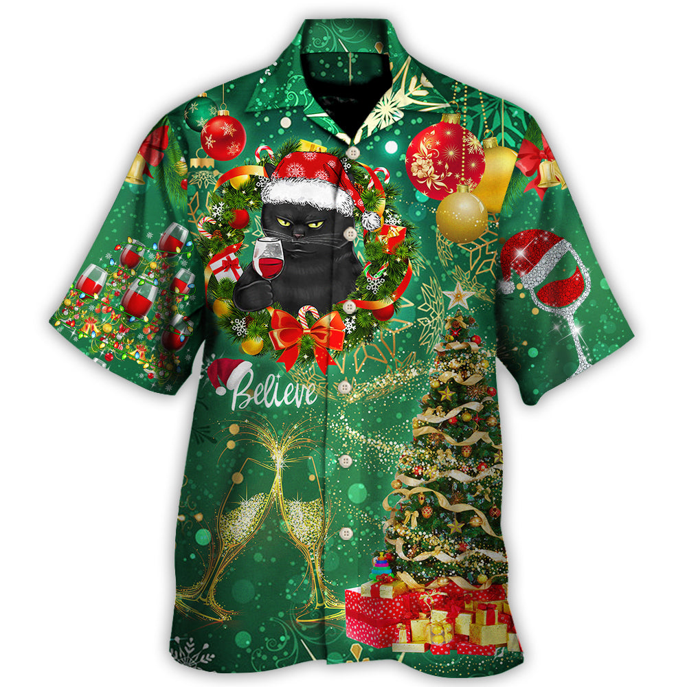 Christmas Black Cat Drinking Happy Tree Green Light Hawaii Shirt Ha27947