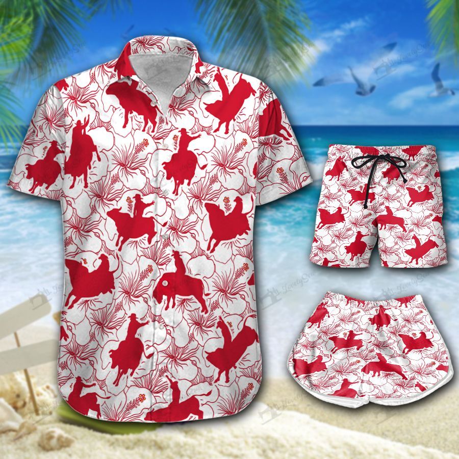 Bull Riding Red Hibiscus Hawaiian Shirt Shorts Ha71436