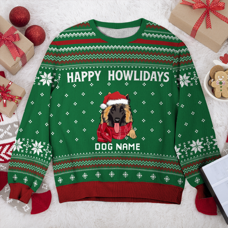 Belgian Tervuren Happy Howlidays Personalized Sweater, Dog Ugly Christmas Sweater