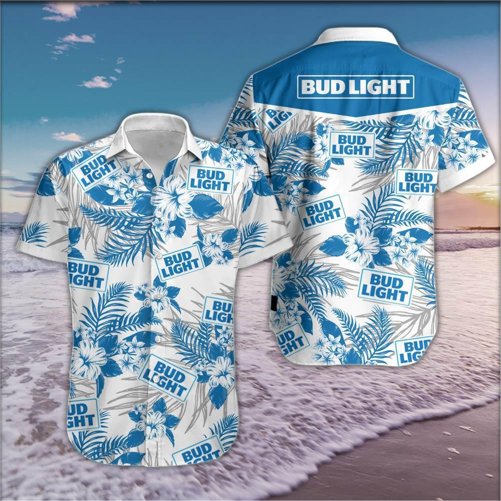 Bud Light Beer Hawaiian Shirt, Bud Light Hibiscus Hawaiian Shirt, Summer Hawaiian Shirt, All Over Print Hawaiian Short Sleeve Shirts