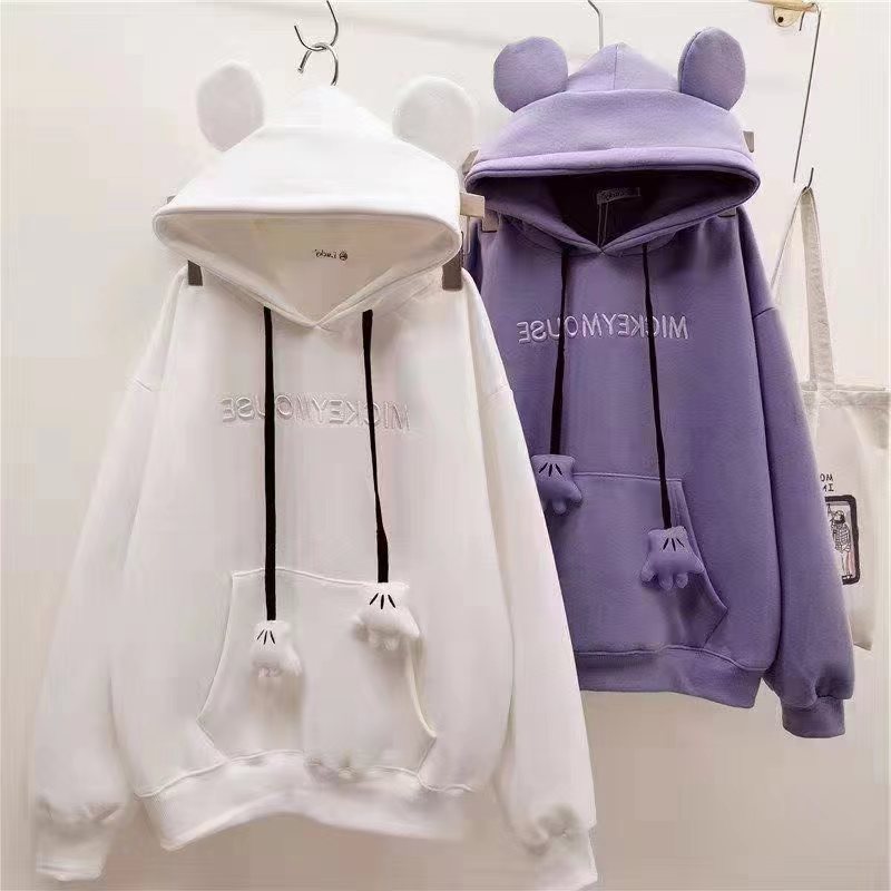 Sweater women’s Trendy Ins Cute Student Casual Cute Ears Fleece Hooded loose Coat Top alx