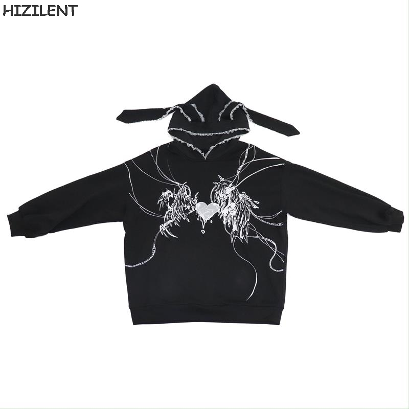 Lace Rabbit hat sweatshirt harajuku Graphics print Y2K O-neck 2021 spring plus size hoodies grunge clothes Punk Oversized hoodie alx