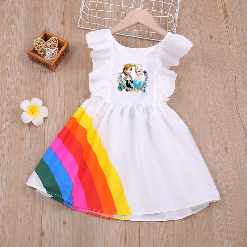 Summer Frozen Elsa Flower Princess Costume Korean Kids Fashion Dress Rainbow Backless Dress Little Girls Clothes Vestidos alx