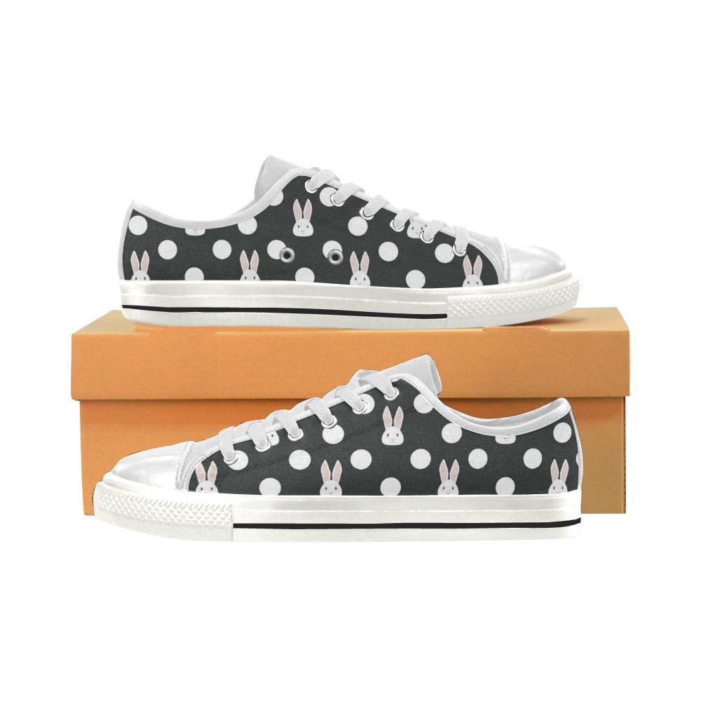 Cute White Rabbit Polka Dots Black Background Kid’S Low Top Canvas Shoes White