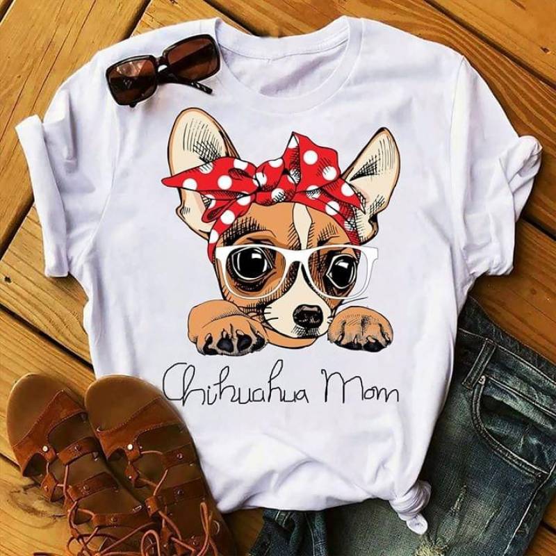 Chihuahua Mom Cute Dog Adorable Puppy Lovely Chihuahua With Glasses And Dotted Red Bow Headband Dog Love Gift For Chihuahua Mothers White Men And Women T Shirt S-5Xl