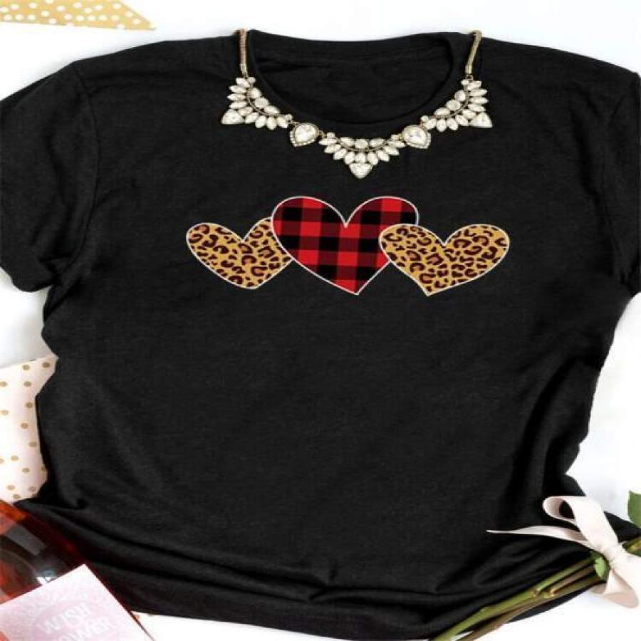 Valentine Plaid Leopard Splicing Heart Printed T-shirt Women Casual Short Sleeve Tops