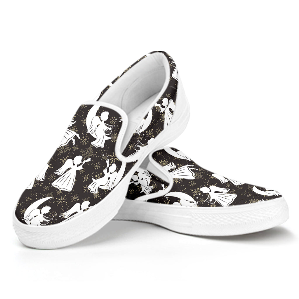 Angel And Snowflake Pattern Print White Slip On Shoes