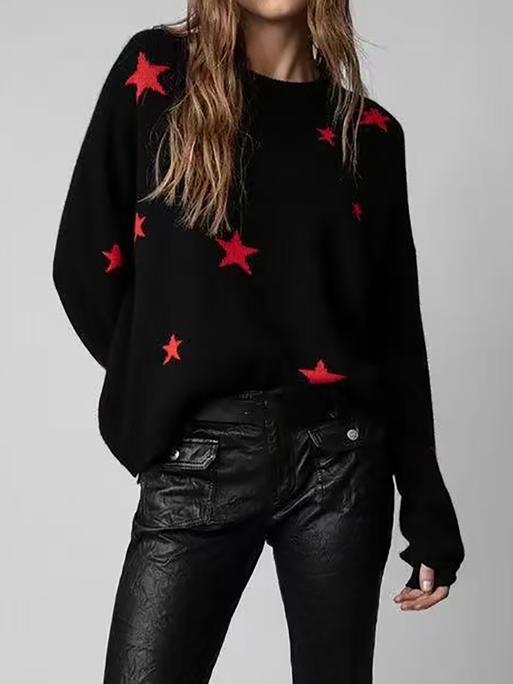 ZESSAM Red Star Graphic Knitted Cashmere Woman Sweater Pull Sleeve Letter Hollow Out Female Pullover Classic Casual Lady Top alx