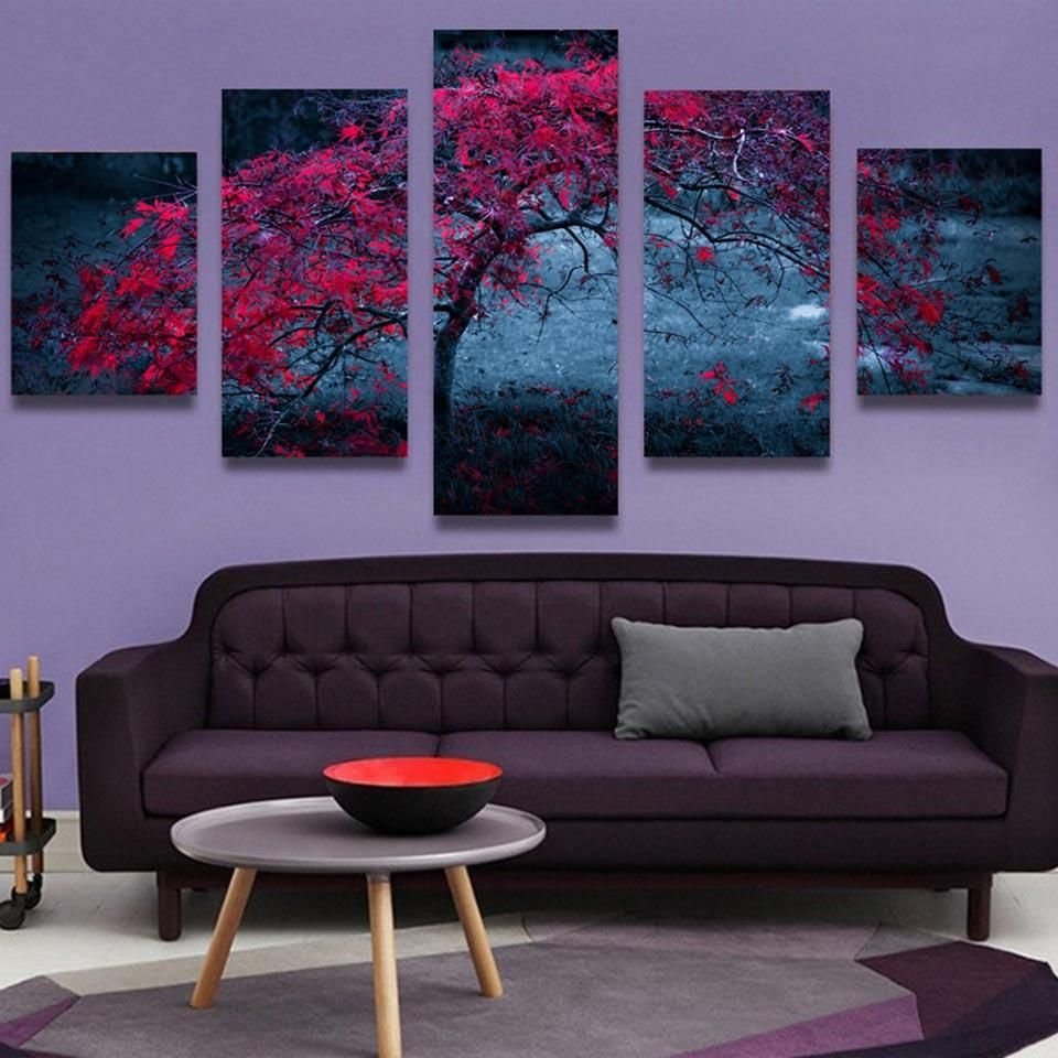 Red Tree Landscape Nature 5 Panel Canvas Art Wall Decor