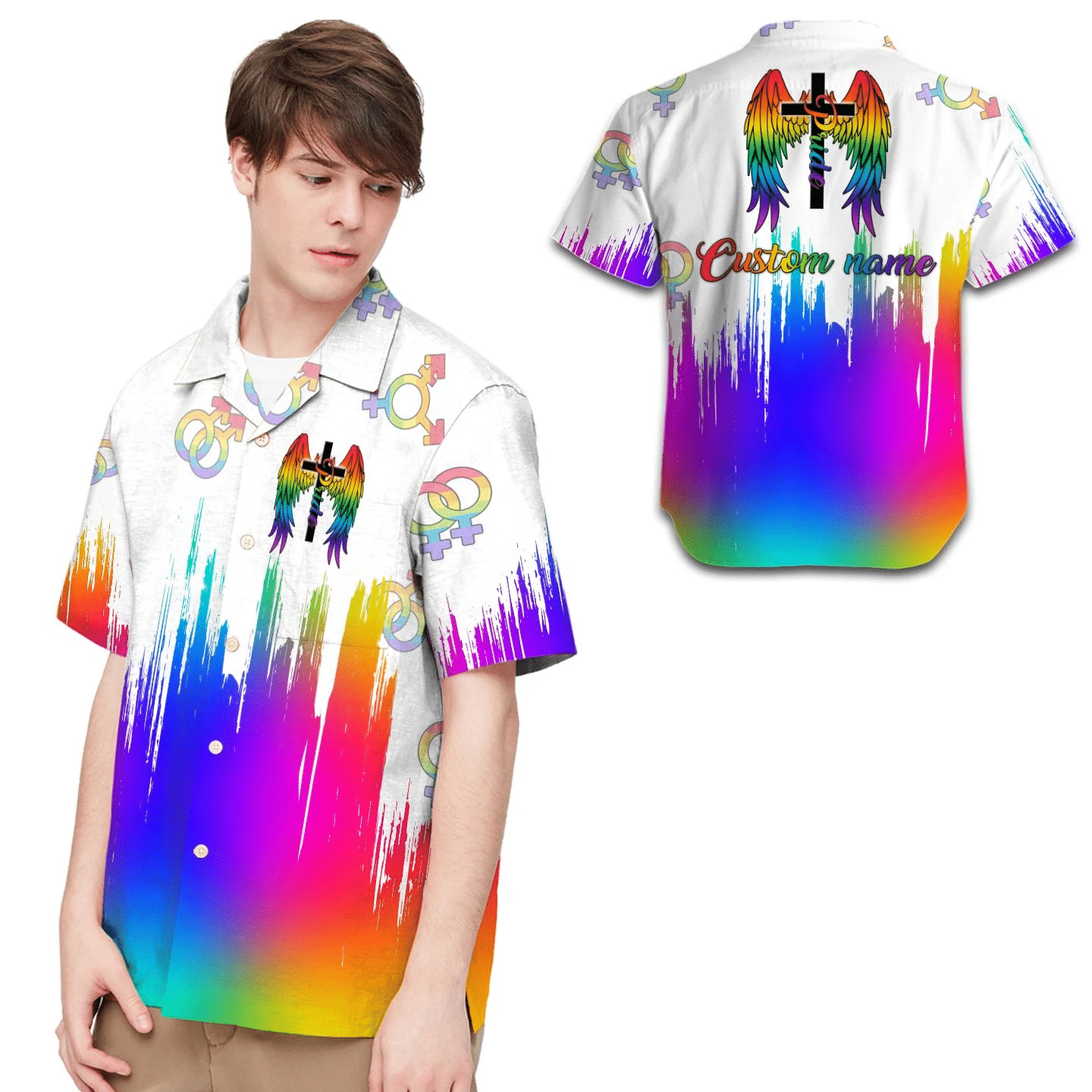 Lgbt Pride Angel Wings Cross Custom Name Men Hawaii Shirt For Community Ha109810