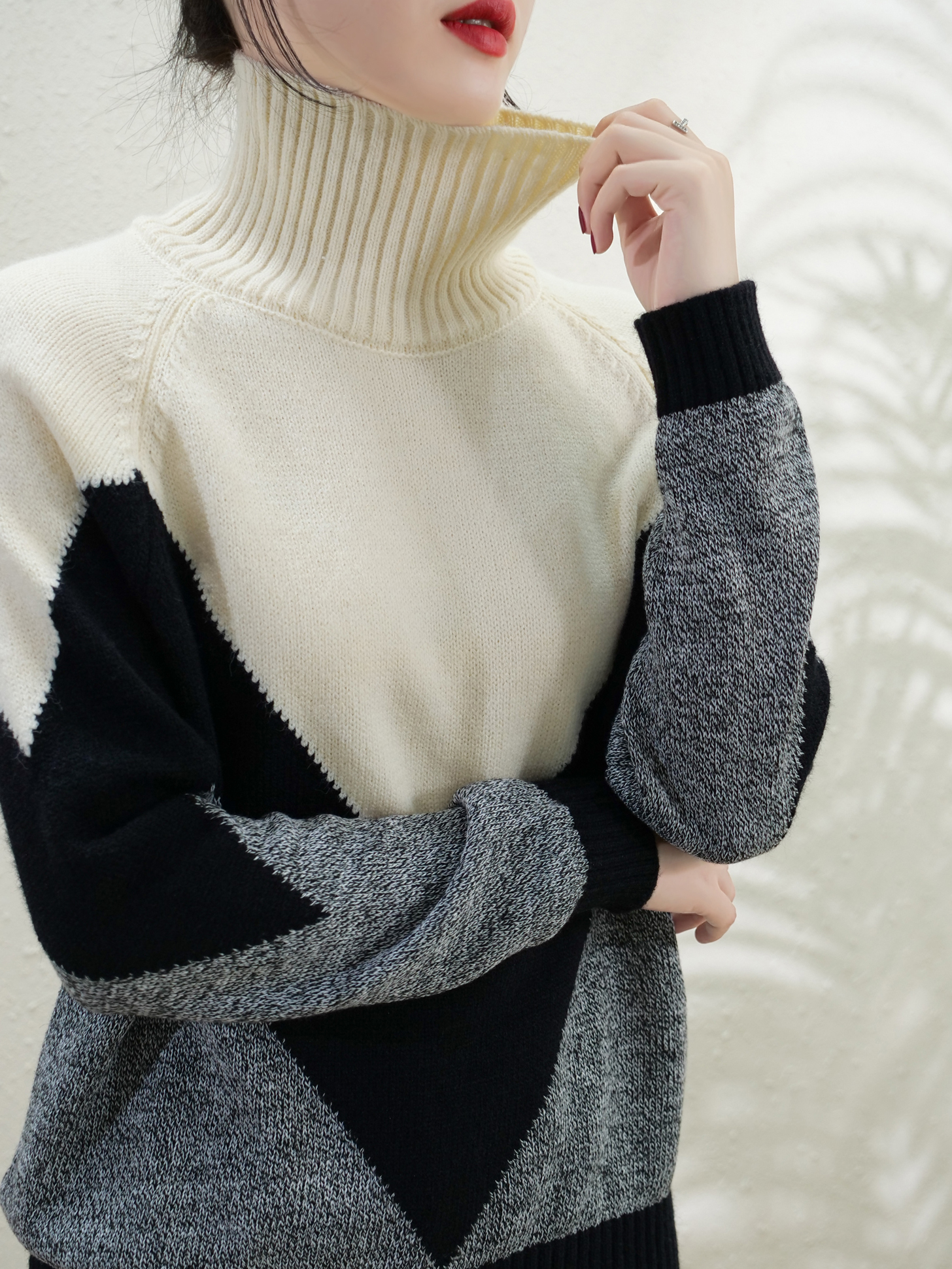 Autumn winter new turtleneck cashmere sweater women patchwork color thick knit sweater pullover loose pure wool with alx