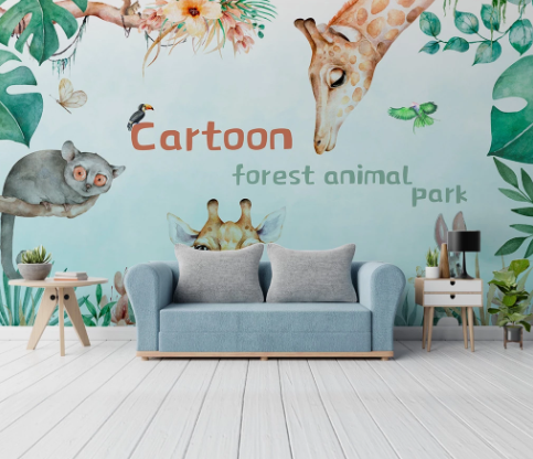 3D Cartoon Animal Green Leaf Wall Mural Wallpaper Lqh 607