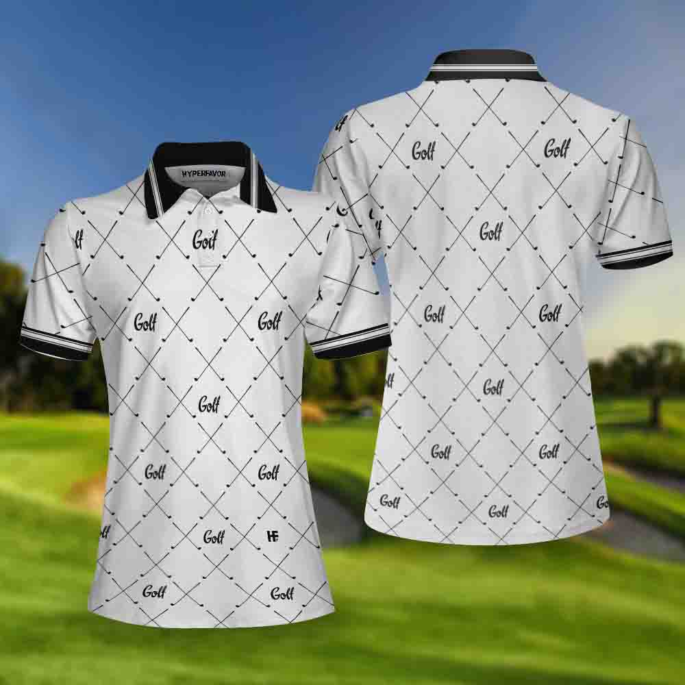 Golf In Black And White With Simple Golf Clubs Pattern Short Sleeve Women Polo Shirt, Basic Golf Shirt For Ladies Coolspod