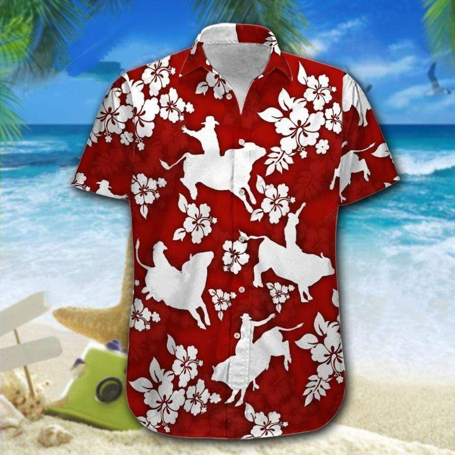 Bull Riding Red Hibiscus Hawaii Shirt Ha108896