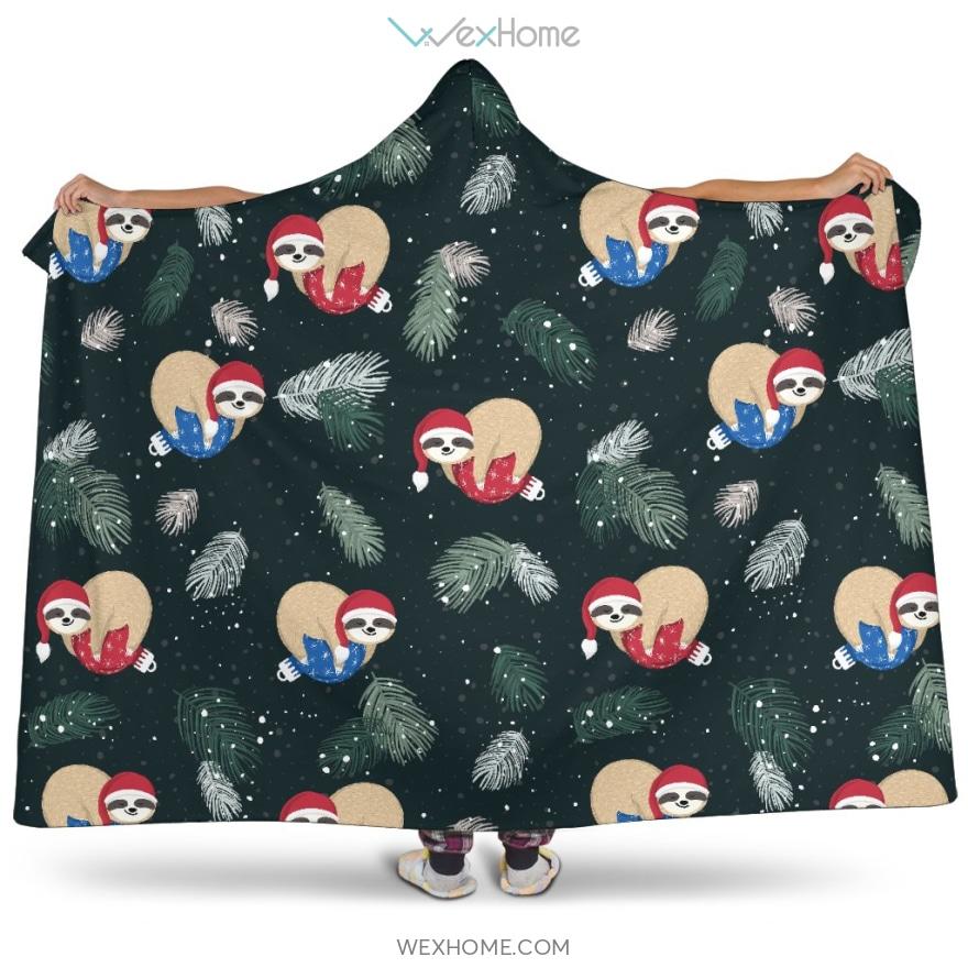 Cute Sloths Sleeping Christmas Ball Santa Hat Pattern Hooded Blanket