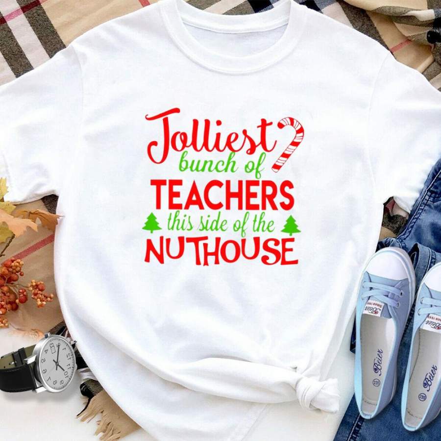 Nuthouse jolliest bunch of teachers candy cane white cotton t shirt for men and women S-6XL