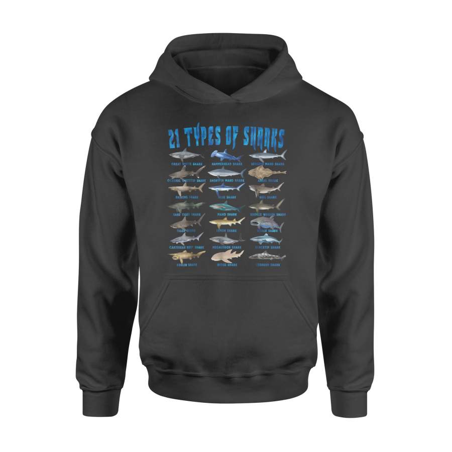 Shark Lovers T shirt 21 Types of Sharks Ocean Animal – Standard Hoodie