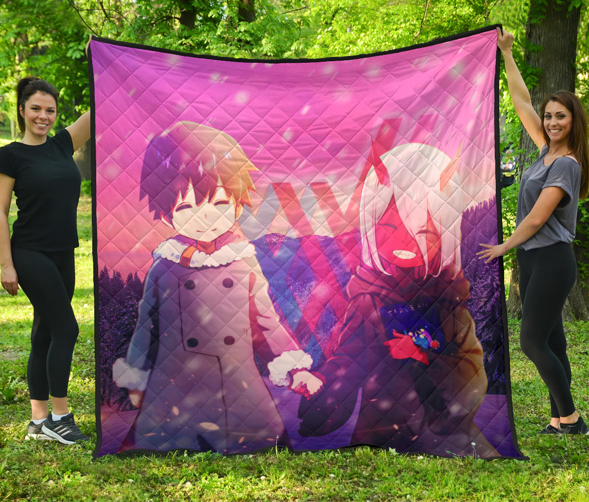 Darling In The Franxx Anime Premium Quilt – Cute Little Zero Two And Hiro Holding Hands Quilt Blanket