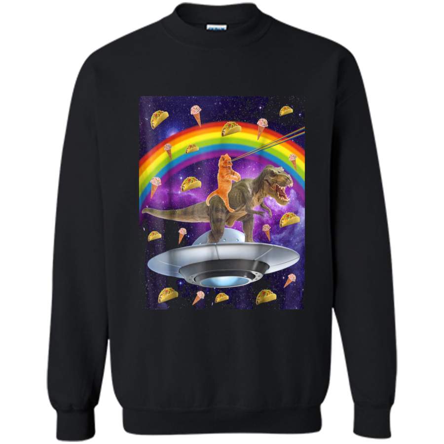 Taco Kitty Rainbow Laser Eye T-Rex Riding Space Cat  Printed Crewneck Pullover Sweatshirt