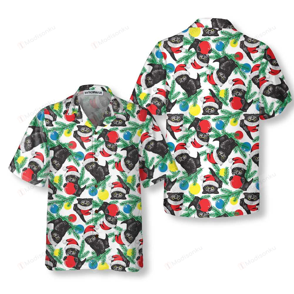 Black Kitten Wearing Santa Hat Hawaiian Shirt