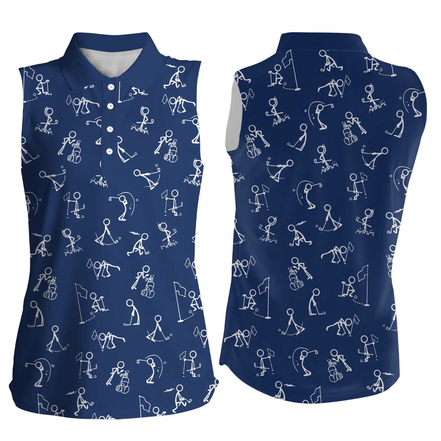 Women Sleeveless Polo Shirts Funny Golf Pattern Navy Blue Polo Shirt Best Womens Golf Wear