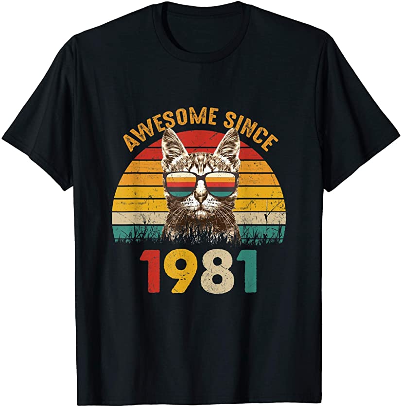 40th Birthday Vintage Cat Gift 40 Years Awesome Since 1981 T-Shirt